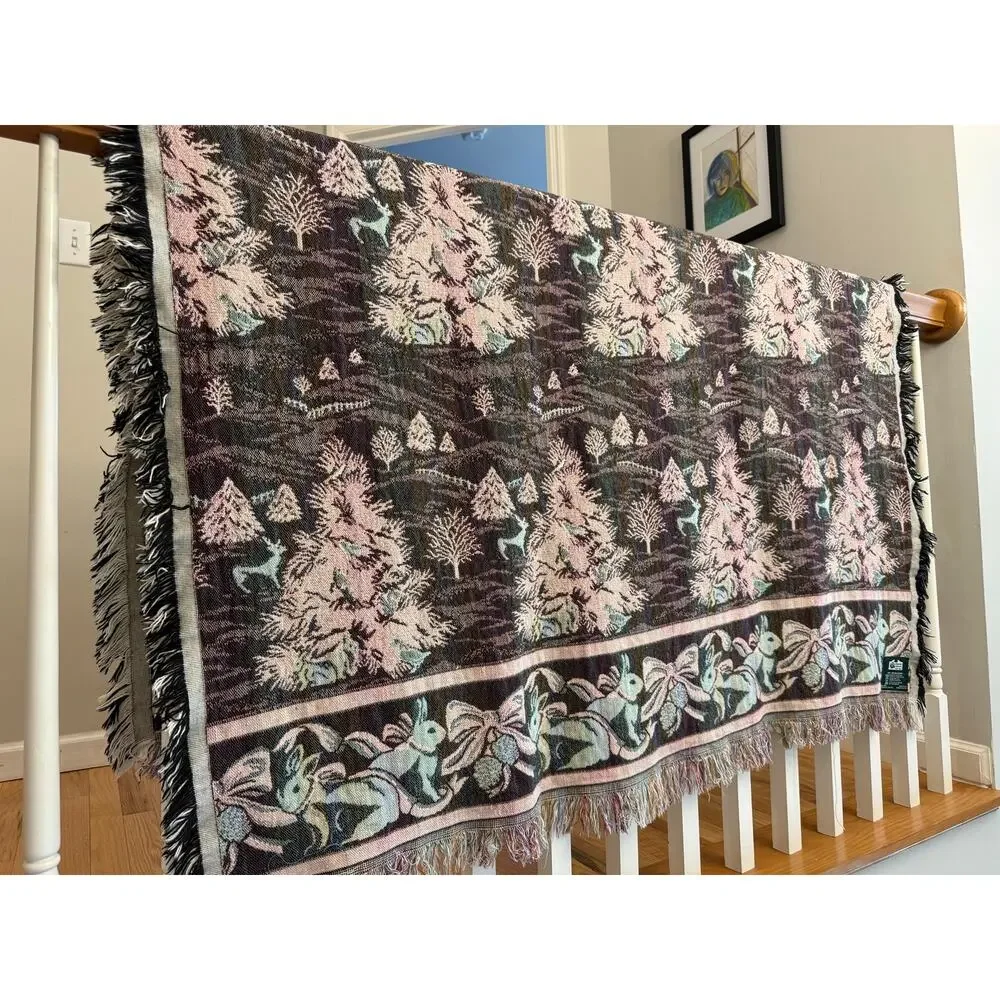 Vintage 90s Goodwin Weavers Winter Bunny Woven Throw Blanket USA 51x62 Cottage